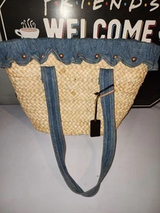 Ralph Lauren Beach Bag Womens Large Blue Beige Straw Denim Lined Summer - Picture 1 of 7