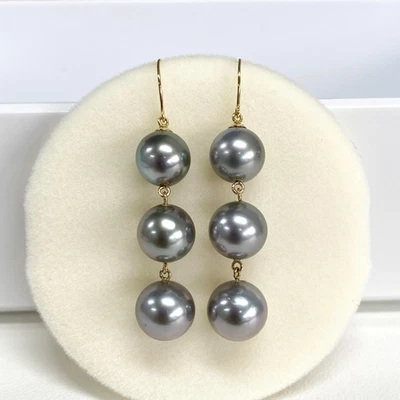 Pendientes de perlas de Tahití redondas múltiples de 8,6-9,5 mm oro amarillo macizo de 18 k, 1,77" Foto 1 de 4