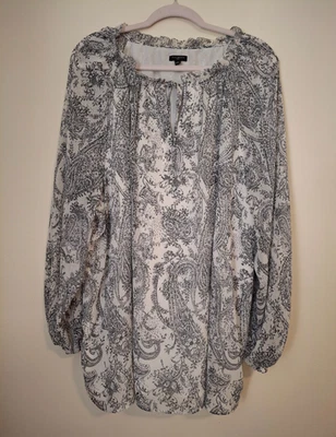 Женская шифоновая блузка бохо Talbots Plus 3X черный белый пейсли рукав 3/4 - Изображение 1 из 4