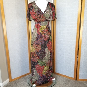Vintage Boho Maxi Dress Flutter Sleeve Wrap Front High Waist Stretch Knit Size M - Picture 1 of 10
