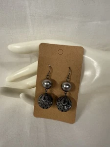 Vintage Silver Tone Filigree Ball Dangle Earrings with Faux Pearls & Rhinestones - Picture 1 of 4