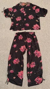 Harari Seide Bluse & Hose Set Gr. S Blumenmuster asiatisch Knopfleiste Kurzarm - Bild 1 von 14