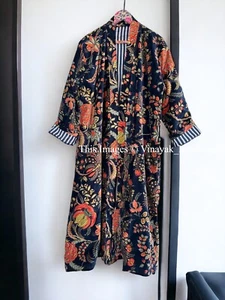 Luxury Velvet Fringe Jacket Coat Kimono Blue Floral Printed Kimono Long Robe - Picture 1 of 6