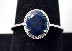 Genuine Blue Sapphire and Diamond  Ring in Sterling Silver 2.7grams Size 9.5 - Picture 1 of 4