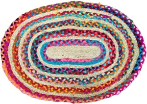 Flickenteppich oval 50%Jute 50% Baumwolle bunt Landhaus Läufer Fußmatte Teppich - Bild 1 von 1