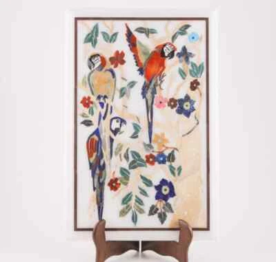24"x15" white Marble sofa Center wall panel decor Table Top Inlay lapis parrot - Image 1 of 4