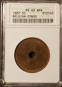 1887 Belgian Congo, 5 Centimes.  ANACS MS63BRN, KM-3 - Picture 1 of 3