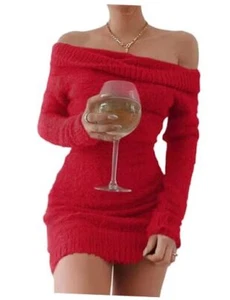 Women's 2024 Off The Shoulder Sweater Mini Dress Long Sleeve Ribbed Small Red - Picture 1 of 6