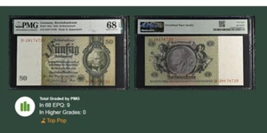 1933 GERMANY REICHSBANKNOTE 50 REICHSMARK P#182a PMG 68 EPQ GEM UNC TOP POP! - Picture 1 of 3