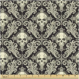 Victorian Gothic Skulls Fabric - Floral Curly Details, Anti - Picture 1 of 7