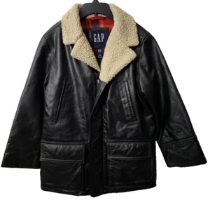 GAP Leather Aviator Bomber Jacket S 5 6 Coat Sherpa Wool Black POCKETS Vintage - Picture 1 of 6