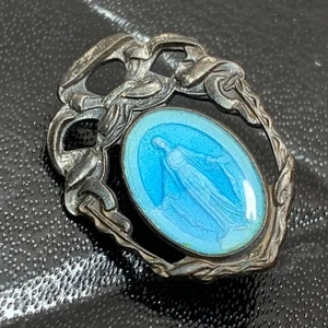 Spilla Spilla Medaglia Miracolosa Religiosa Smalto Blu Tono Argento - Foto 1 di 3