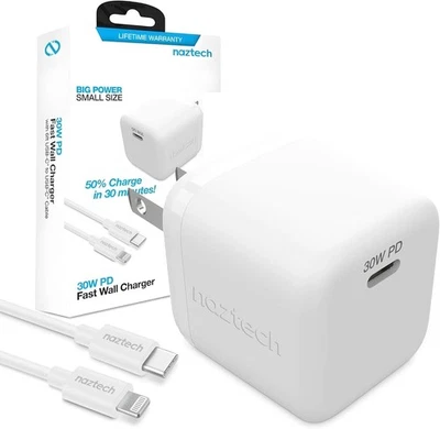 Naztech 15544-HYP Naztech 30W PD Smart Chip Tech Wall Charger + USB-C to MFI Cab - Image 1 of 4