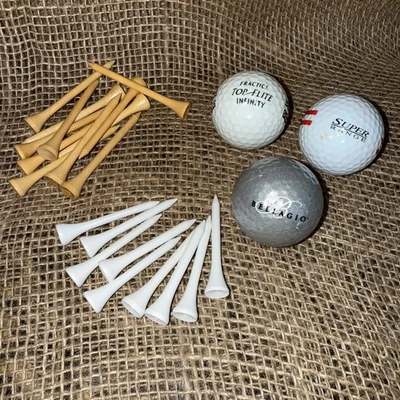 Lot of  20 Wooden Tees and 3 Golf Balls Super Range, Top Flite Bellagio with MC1 - Image 1 of 4