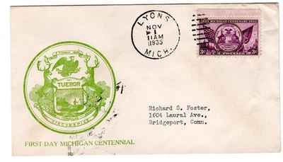 #775 Michigan Centenary 1935 FDC  1st Grand Rapids Stamp Club u/o Lyons MI CCL - Image 1 of 2