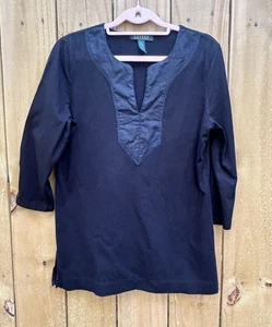 Lauren Ralph Lauren Split Neck Shirt MEDIUM Schwarz 3/4 Arm Witchy Glam Damen - Bild 1 von 8