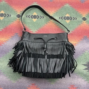 Ralph Lauren Cobden Negro Cuero de Vaca Flecos Bolso de Hombro Cartera Bolso de Mano Boho - Imagen 1 de 12