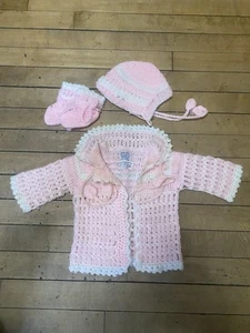 Vintage 1980's Baby Girl Knit Sweater, Hat, Booties Bon Bon - Picture 1 of 5