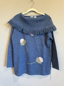 Vintage Cignal Womens Off The Shoulder Fringe Embroidered Sweater Small Blue - Picture 1 of 4