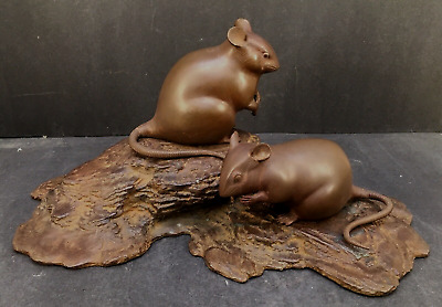 Fine Japanese Meiji Bronze Okimono - Two Mice On A Wooden Base • 1299$