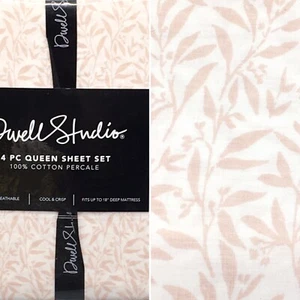 4pc Dwell Studio Botanical Leaf QUEEN Sheet Set Dusty Pink White Cotton NEW - Picture 1 of 7