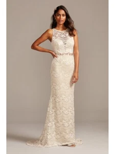 Melissa Sweet Ivory Champagne Illusion Chantilly Lace Wedding Dress 26W $499 - Picture 1 of 3