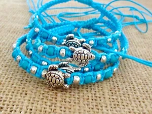 TURTLE BRACELET BLUE CORD HEMP CHARM WRISTBAND ANKLET GIFT SURF BOY GIRL WOMENS - Picture 1 of 4