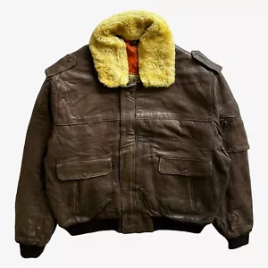 Chaqueta de piloto de cuero marrón oscuro AVIREX vintage años 80 para hombre con cuello de piel, ejército - Imagen 1 de 12