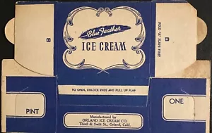 Vintage 1940's Blue Feather Ice Cream Container Blue/White Colors Orland, Calif. - Picture 1 of 2