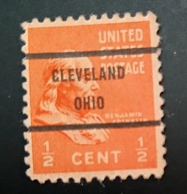 SCOTT # 803 - ONE BEN FRANKLIN PRECACELEDCLEVELANDM OHIO 1/2 CENT STAMP - F / VF - Image 1 of 2