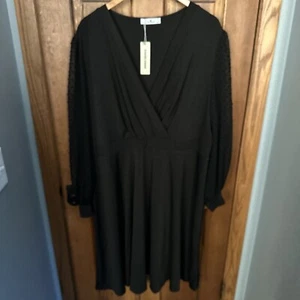 Agnes Orinda Plus Size 3X Dress Long Sleeve Swiss Dots Formal Knee Length Black - Picture 1 of 8