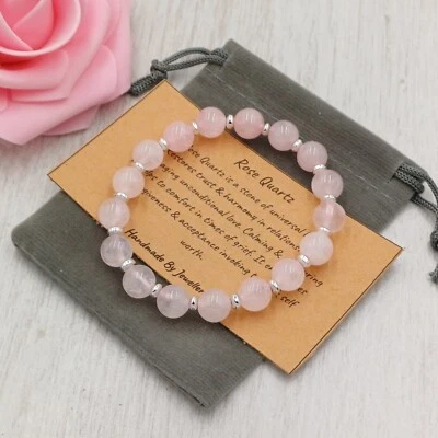 ROSE QUARTZ Bracelet Stretch Handmade + Gift Bag & Card Crystal Gemstone 6/8mm - Image 1 of 4