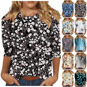 Ladies Summer Print 3/4 Sleeve Women's Round Neck Casual Tops Blouse T Shirt % - Picture 1 of 42