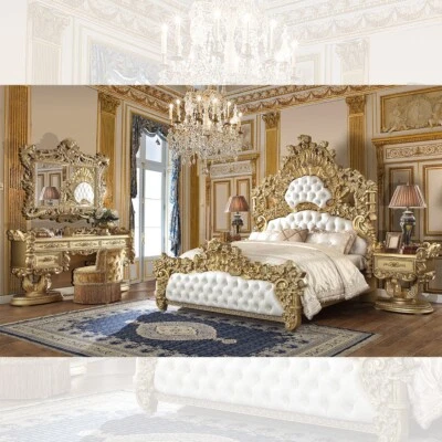 Royalty Luxurious Formal King Creamy Ivory Leather /Metallic Gold Bedroom Set - Image 1 of 4