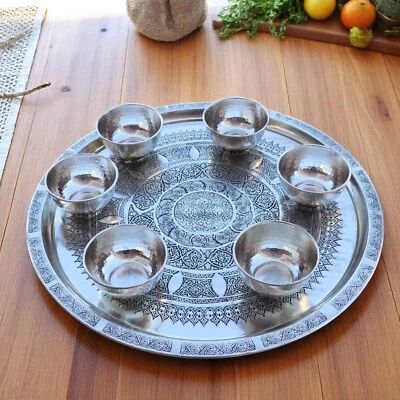 23.5in Turkish Copper Tray, Engraved Copper Round Serving Tray with 6 soup bowls - Image 1 of 4