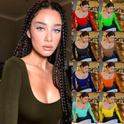 Womens Sexy Plunge Deep Scoop Neck Long Sleeve Basic Shirts Fitted Going Out Top - Image 1 of 4