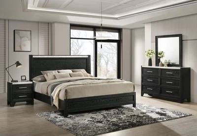Black King Panel Bed Set 4pc White Faux Marble Accent Wooden Bedroom Furniture - Image 1 of 4