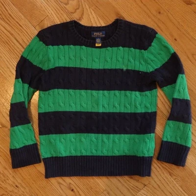 POLO RALPH LAUREN boys cable knit sweater stripe green navy horse 10 preppy logo - Image 1 of 3