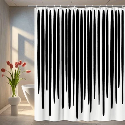 现代浴室装饰黑色条纹浴帘 — 第 1/4 张图片