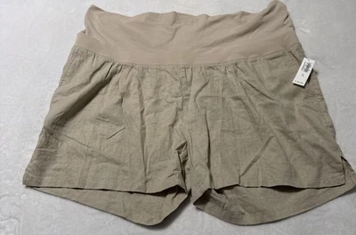 Old Navy Maternity Shorts size XL Linen Blend Tan Khaki Pockets Rollover Waist - Image 1 of 4