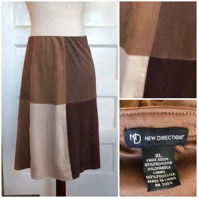 Falda Midi Vintage Años 90 Y2K Nuevas Direcciones Bloque de Color Imitación Gamuza XL Marrón Retro Foto 1 de 4