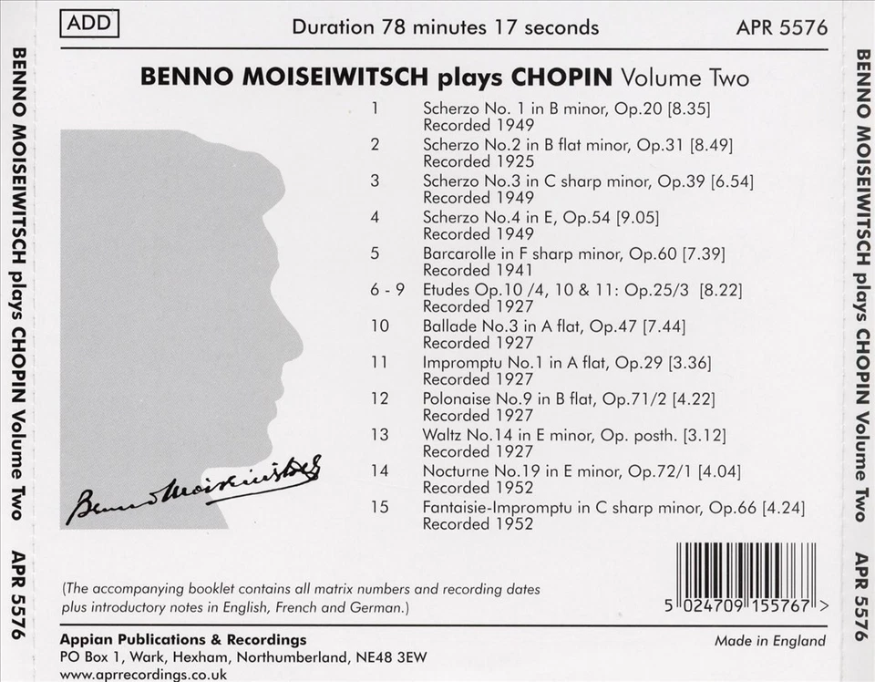 BENNO MOISEIWITSCH BENNO MOISEIWITSCH PLAYS CHOPIN, VOL. 2 NEW CD - Image 1 of 1