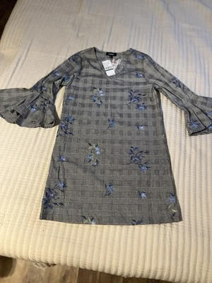 Vestido Feminino Karen Kane Bordado Manga Sino, P- Grande Cinza com Floral Azul - Imagem 1 de 4