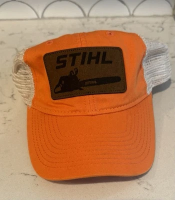 Gorra de béisbol STIHL naranja malla trasera correa parche de cuero logotipo motosierra Foto 1 de 4