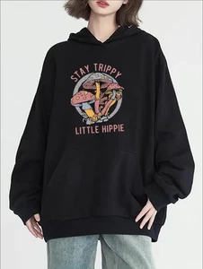 Stay Trippy Little Hippie Hoodie Black Mushroom Graphic Sweatshirt Unisex - Picture 1 of 1