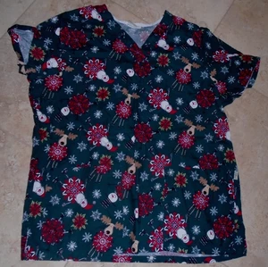 Santa Reindeer Snowman Christmas Scrub Uniform Top Adult L Large - Picture 1 of 2