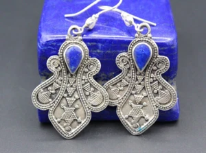 Kazakh Silver Earrings, Large Lapis Lazuli Stones Carved Costuming Earrings, - Picture 1 of 7