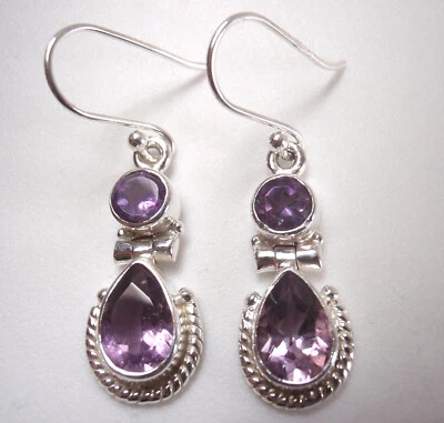 Pendientes colgantes de plata de ley 925 con lágrima doble gema de amatista facetada Foto 1 de 2