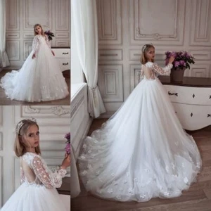 White Flower Girl Dress Baptism Dress Wedding Sweep Train Scoop Neck Long Sleeve - Picture 1 of 6