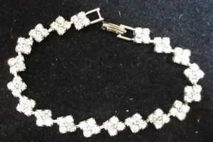 VINTAGE Silver Tone Metal Bracelet w/ Square Sections of Crystal Rhinestones - Picture 1 of 5